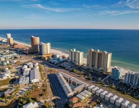 An aerial photo of the Gulf and various buildings and complexes